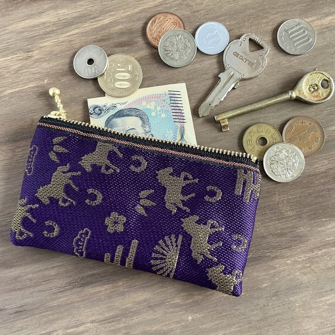【おめでた柄】畳縁 ぺたんこ ミニポーチ カードケース 小銭入れ 数珠入れ 馬 アハルテケ 紫 金 縁起物 エ霞 松竹梅