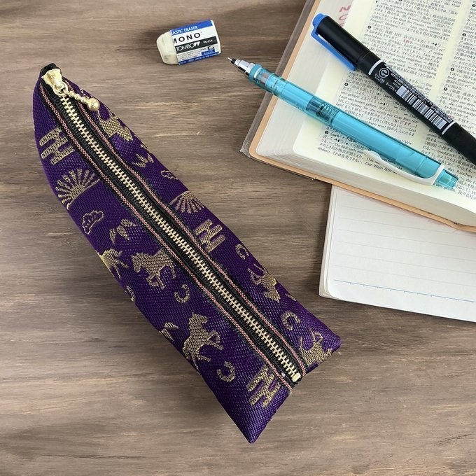 【おめでた柄】畳縁 ぺたんこ ミニポーチ カードケース 小銭入れ 数珠入れ 馬 アハルテケ 紫 金 縁起物 エ霞 松竹梅