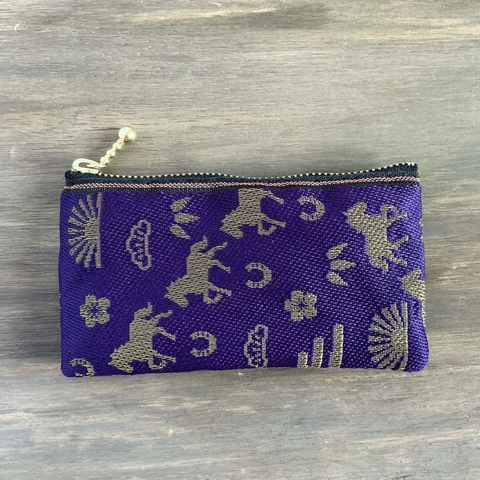 【おめでた柄】畳縁 ぺたんこ ミニポーチ カードケース 小銭入れ 数珠入れ 馬 アハルテケ 紫 金 縁起物 エ霞 松竹梅