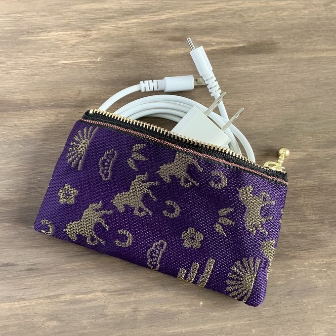 【おめでた柄】畳縁 ぺたんこ ミニポーチ カードケース 小銭入れ 数珠入れ 馬 アハルテケ 紫 金 縁起物 エ霞 松竹梅