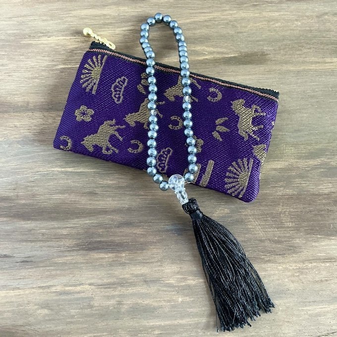 【おめでた柄】畳縁 ぺたんこ ミニポーチ カードケース 小銭入れ 数珠入れ 馬 アハルテケ 紫 金 縁起物 エ霞 松竹梅