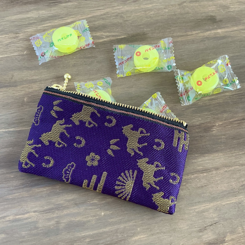 【おめでた柄】畳縁 ぺたんこ ミニポーチ カードケース 小銭入れ 数珠入れ 馬 アハルテケ 紫 金 縁起物 エ霞 松竹梅