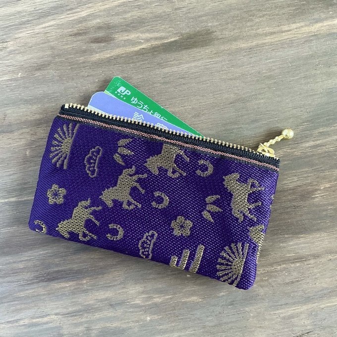 【おめでた柄】畳縁 ぺたんこ ミニポーチ カードケース 小銭入れ 数珠入れ 馬 アハルテケ 紫 金 縁起物 エ霞 松竹梅