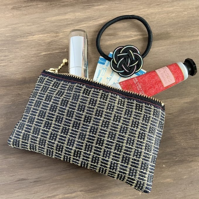 【三崩し】畳縁 ぺたんこ ミニポーチ カードケース 小銭入れ 網代 桧垣 金 紺