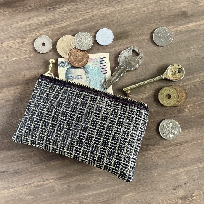 【三崩し】畳縁 ぺたんこ ミニポーチ カードケース 小銭入れ 網代 桧垣 金 紺
