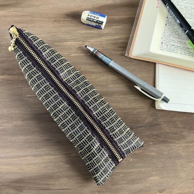 【三崩し】畳縁 ぺたんこ ミニポーチ カードケース 小銭入れ 網代 桧垣 金 紺