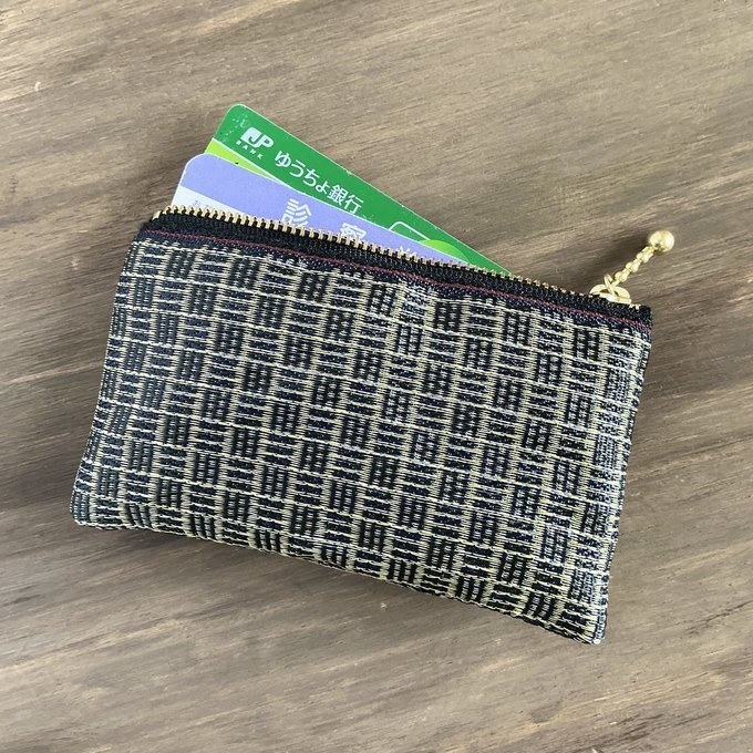 【三崩し】畳縁 ぺたんこ ミニポーチ カードケース 小銭入れ 網代 桧垣 金 紺