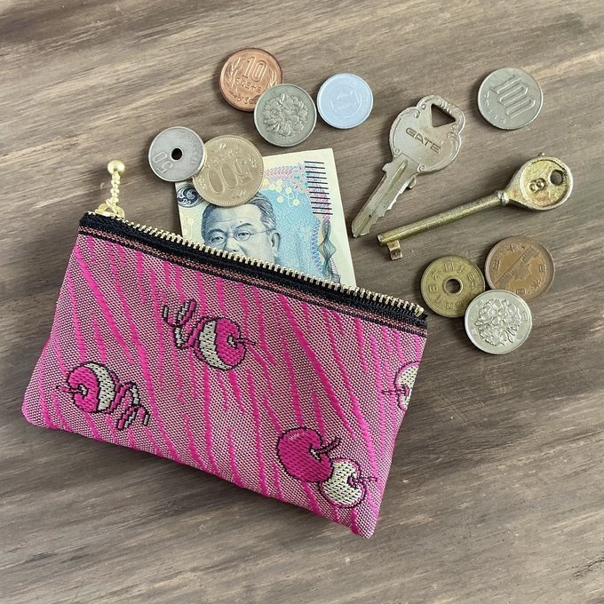 【皮むき りんご】畳縁 ぺたんこ ミニポーチ 小銭入れ カードケース リンゴ 安曇野 信州 ピンク