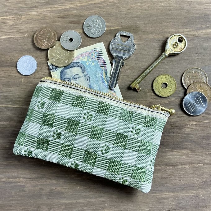 【肉球&ギンガム】畳縁 ぺたんこ 小銭入れ ミニポーチ カードケース 抹茶 ベージュ グリーン 足あと 犬 猫