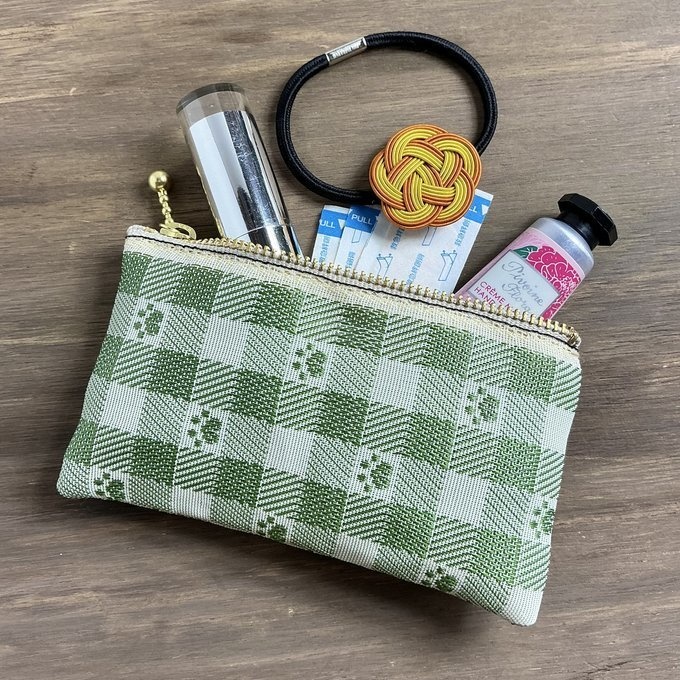 【肉球&ギンガム】畳縁 ぺたんこ 小銭入れ ミニポーチ カードケース 抹茶 ベージュ グリーン 足あと 犬 猫