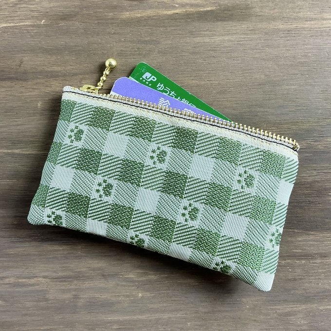 【肉球&ギンガム】畳縁 ぺたんこ 小銭入れ ミニポーチ カードケース 抹茶 ベージュ グリーン 足あと 犬 猫