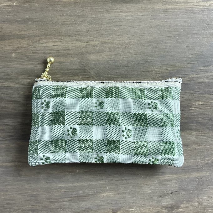 【肉球&ギンガム】畳縁 ぺたんこ 小銭入れ ミニポーチ カードケース 抹茶 ベージュ グリーン 足あと 犬 猫