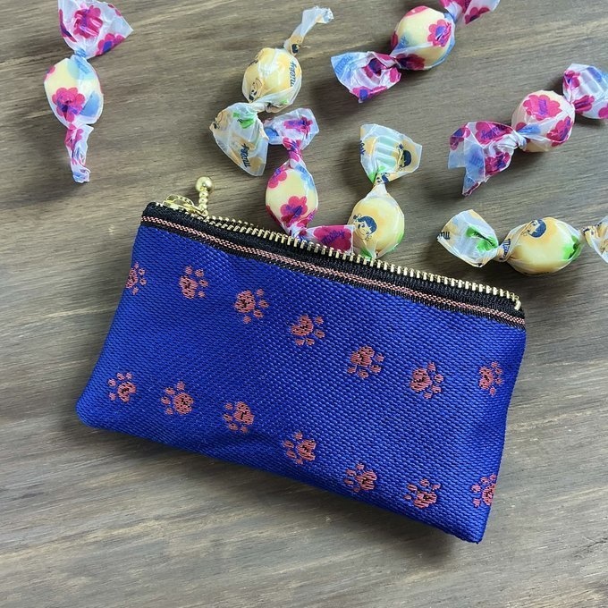 【足あと】畳縁 ぺたんこ ミニポーチ カードケース 小銭入れ 肉球 紺 ピンク 犬 猫