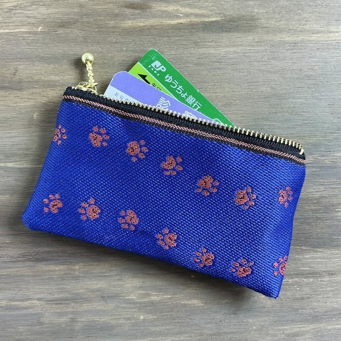 【足あと】畳縁 ぺたんこ ミニポーチ カードケース 小銭入れ 肉球 紺 ピンク 犬 猫