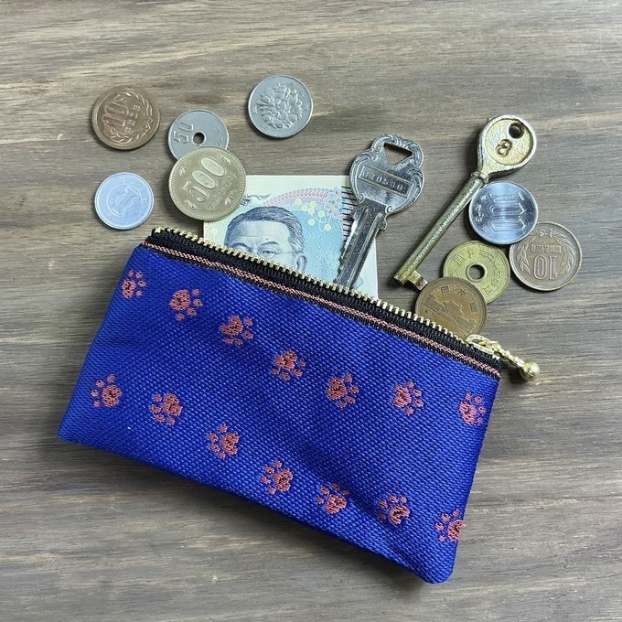 【足あと】畳縁 ぺたんこ ミニポーチ カードケース 小銭入れ 肉球 紺 ピンク 犬 猫