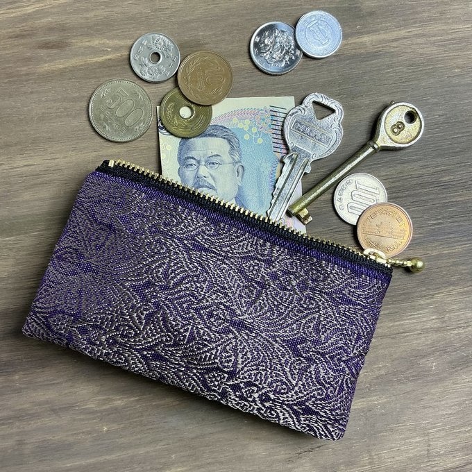 【エスニック】畳縁 ぺたんこ ミニポーチ カードケース 小銭入れ オリエンタル 紫 ゴールド