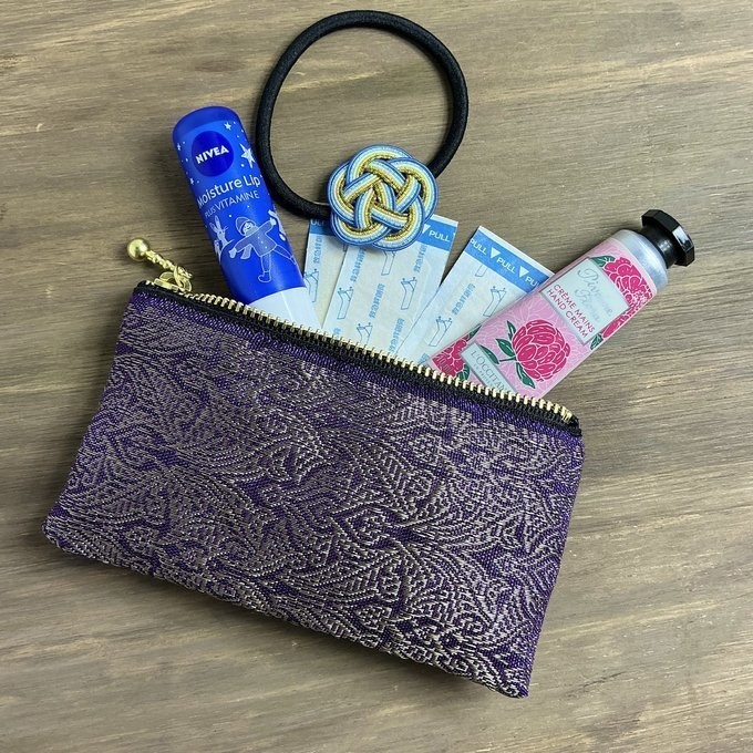 【エスニック】畳縁 ぺたんこ ミニポーチ カードケース 小銭入れ オリエンタル 紫 ゴールド