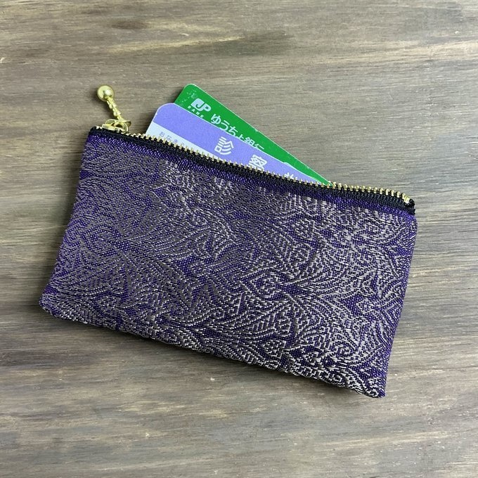 【エスニック】畳縁 ぺたんこ ミニポーチ カードケース 小銭入れ オリエンタル 紫 ゴールド