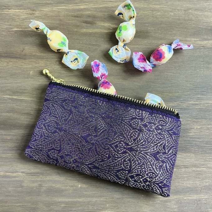 【エスニック】畳縁 ぺたんこ ミニポーチ カードケース 小銭入れ オリエンタル 紫 ゴールド