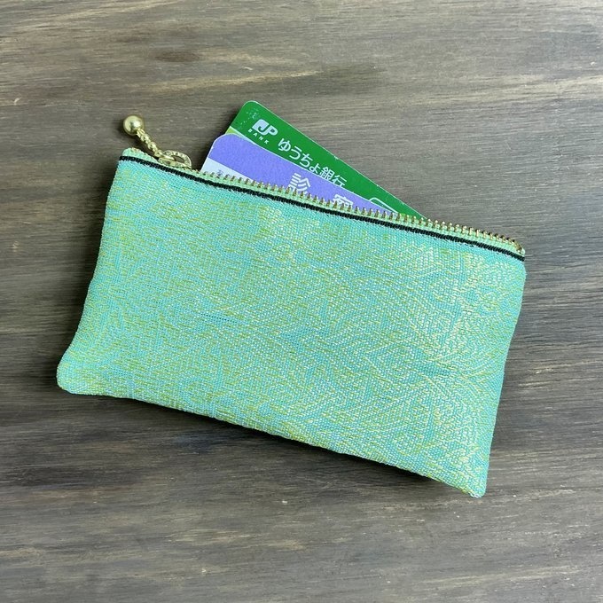 【エスニック】畳縁　ぺたんこ　ミニポーチ　カードケース　小銭入れ　オリエンタル　エメラルドグリーン　ゴールド