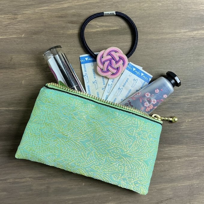 【エスニック】畳縁 ぺたんこ ミニポーチ カードケース 小銭入れ オリエンタル エメラルドグリーン ゴールド