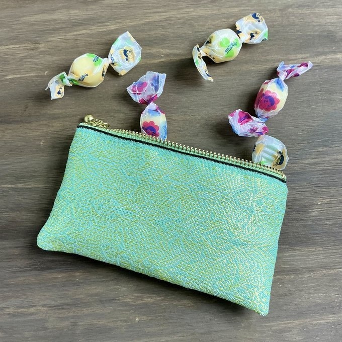【エスニック】畳縁 ぺたんこ ミニポーチ カードケース 小銭入れ オリエンタル エメラルドグリーン ゴールド