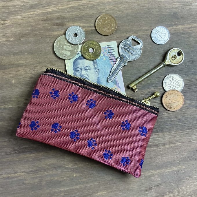 【足あと】畳縁 ぺたんこ ミニポーチ カードケース 小銭入れ 肉球 ピンク 紺 犬 猫