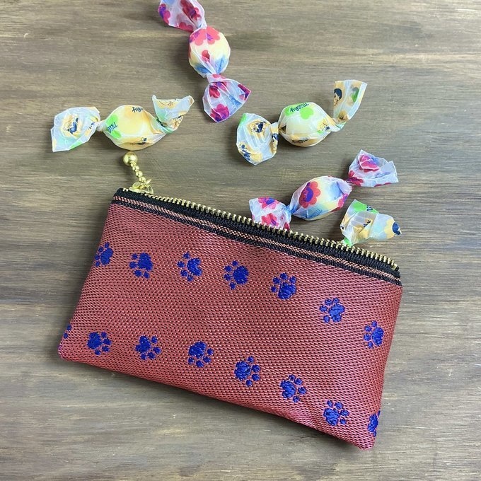 【足あと】畳縁 ぺたんこ ミニポーチ カードケース 小銭入れ 肉球 ピンク 紺 犬 猫