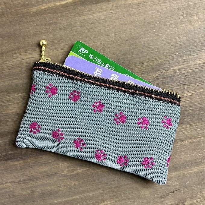 【足あと】畳縁 ぺたんこ ミニポーチ カードケース 小銭入れ 肉球 グレー ピンク 犬 猫