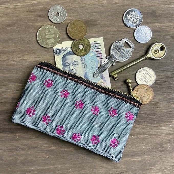 【足あと】畳縁 ぺたんこ ミニポーチ カードケース 小銭入れ 肉球 グレー ピンク 犬 猫