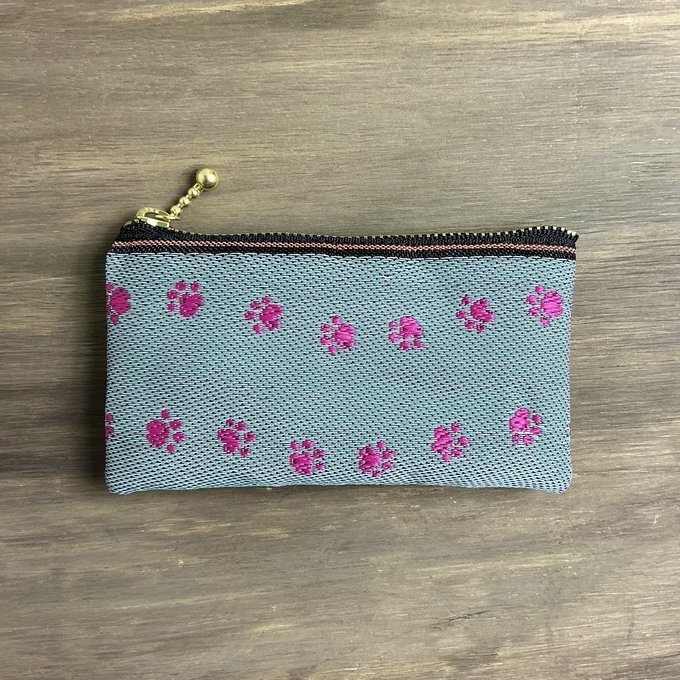 【足あと】畳縁 ぺたんこ ミニポーチ カードケース 小銭入れ 肉球 グレー ピンク 犬 猫