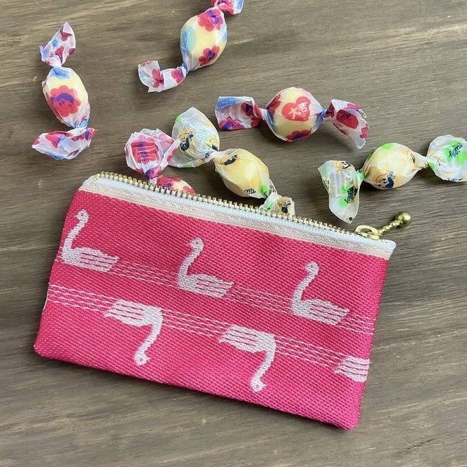 【スワン】畳縁 ぺたんこ ミニポーチ 小銭入れ カードケース 白鳥 バレエ ピンク