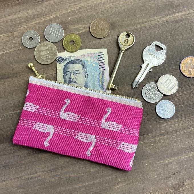 【スワン】畳縁 ぺたんこ ミニポーチ 小銭入れ カードケース 白鳥 バレエ ピンク