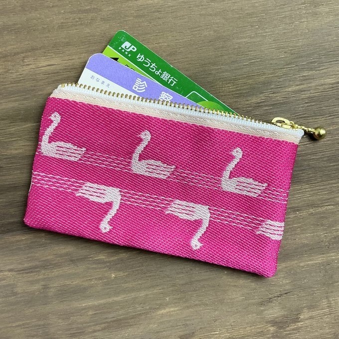 【スワン】畳縁 ぺたんこ ミニポーチ 小銭入れ カードケース 白鳥 バレエ ピンク