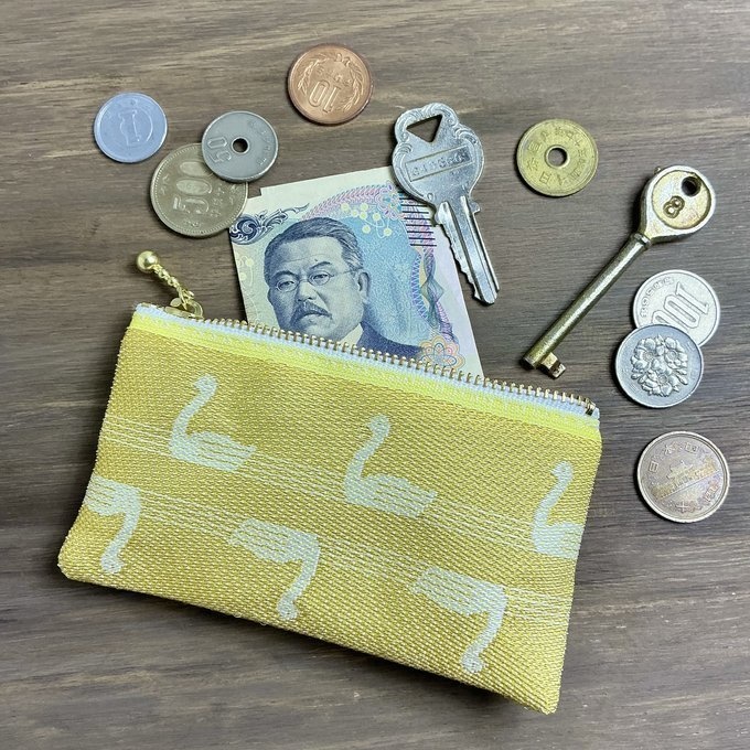 【スワン】畳縁 ぺたんこ ミニポーチ 小銭入れ カードケース 白鳥 バレエ ゴールド
