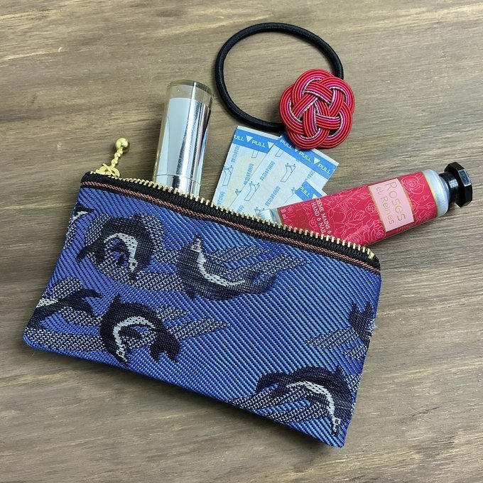 【イルカ】畳縁 ぺたんこ ミニポーチ 小銭入れ カードケース 青 魚 海 いるか マリン