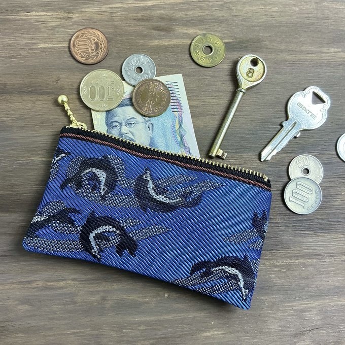 【イルカ】畳縁 ぺたんこ ミニポーチ 小銭入れ カードケース 青 魚 海 いるか マリン