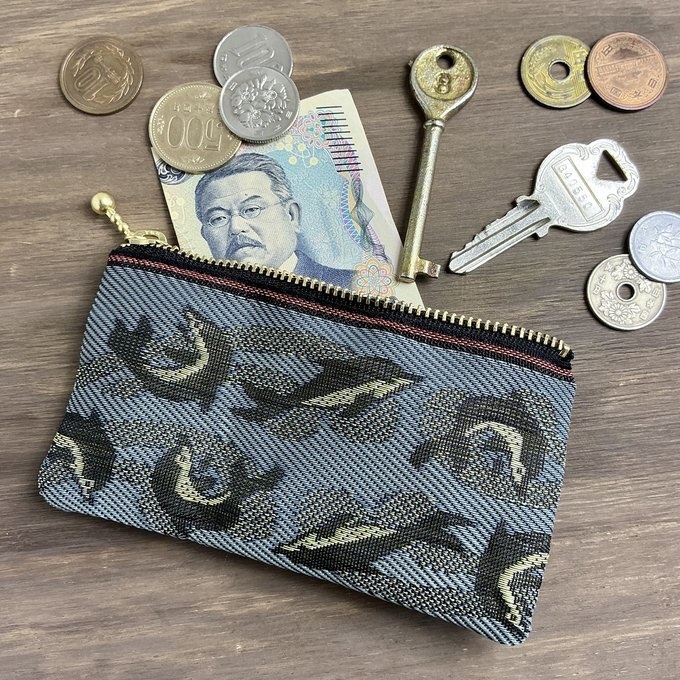 【イルカ】畳縁 ぺたんこ ミニポーチ 小銭入れ カードケース グレー 魚 海 いるか マリン