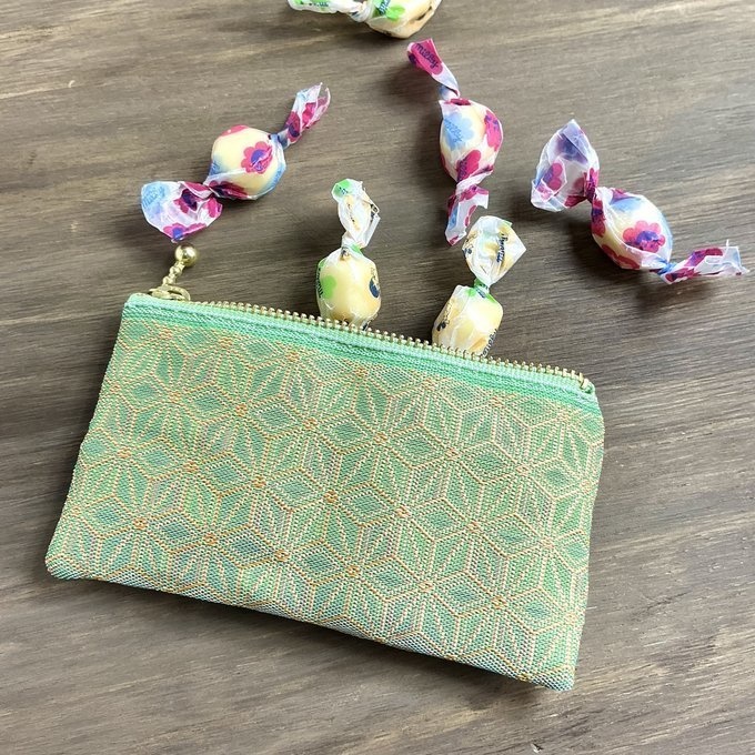 【新緑の木漏れ日】畳縁 ぺたんこ ミニポーチ カードケース 小銭入れ 麻の葉模様 グリーン 若葉色 薄緑 ニュアンスカラー
