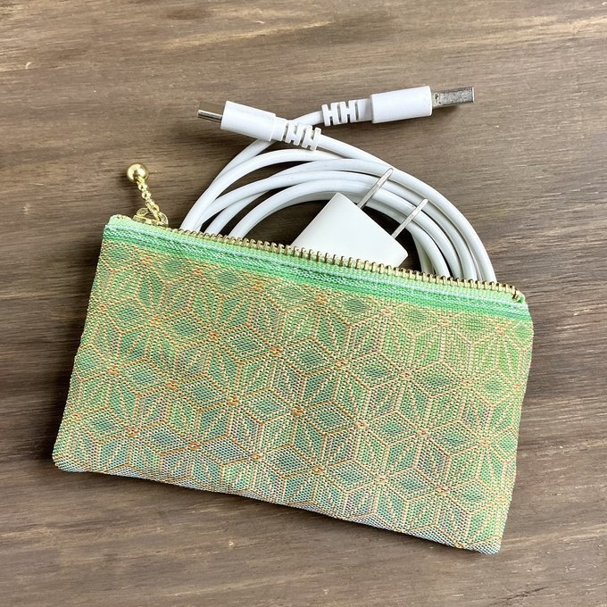 【新緑の木漏れ日】畳縁 ぺたんこ ミニポーチ カードケース 小銭入れ 麻の葉模様 グリーン 若葉色 薄緑 ニュアンスカラー