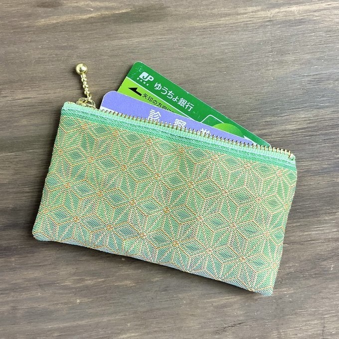 【新緑の木漏れ日】畳縁 ぺたんこ ミニポーチ カードケース 小銭入れ 麻の葉模様 グリーン 若葉色 薄緑 ニュアンスカラー
