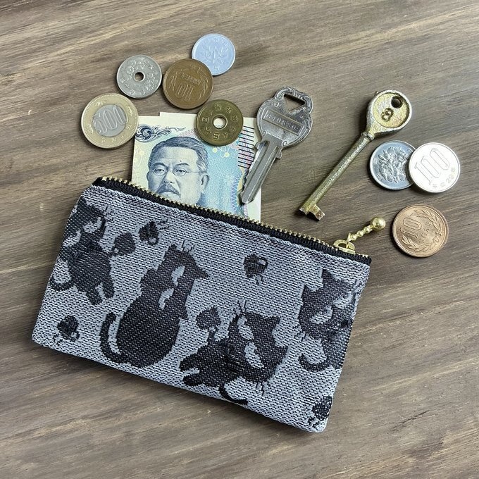 【おちゃめ猫】畳縁 ぺたんこ ミニポーチ カードケース 小銭入れ グレー 黒猫