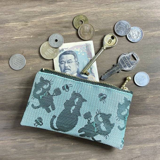 【おちゃめ猫】畳縁 ぺたんこ ミニポーチ カードケース 小銭入れ グリーン シルエット