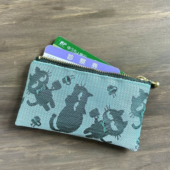 【おちゃめ猫】畳縁 ぺたんこ ミニポーチ カードケース 小銭入れ グリーン シルエット