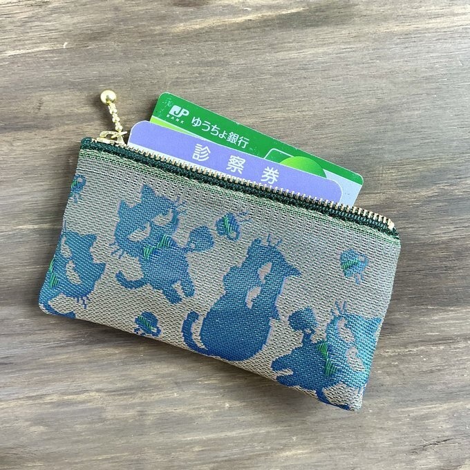【おちゃめ猫】畳縁 ぺたんこ ミニポーチ カードケース 小銭入れ 玉虫色 シルエット