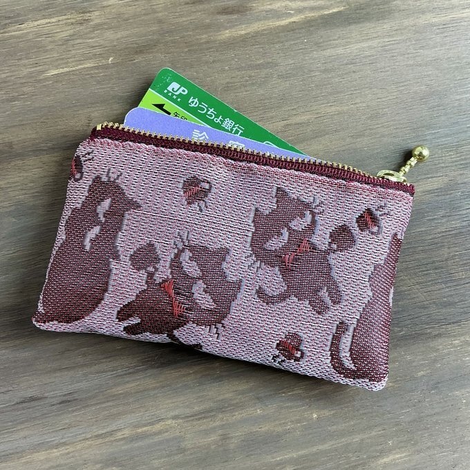 【おちゃめ猫】畳縁 ぺたんこ ミニポーチ カードケース 小銭入れ 赤 シルエット
