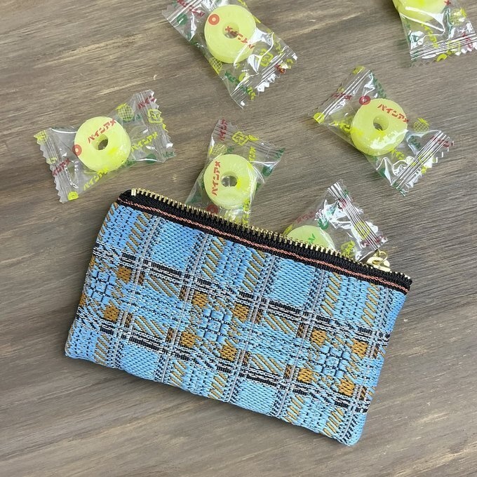 【レトロチェック】畳縁 ぺたんこ ミニポーチ 小銭入れ カードケース シンプル タータン 水色 空色