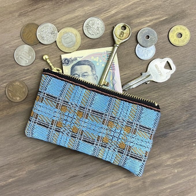【レトロチェック】畳縁 ぺたんこ ミニポーチ 小銭入れ カードケース シンプル タータン 水色 空色