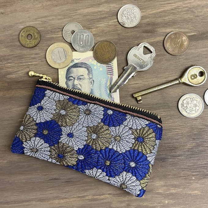 【菊花】畳縁 ぺたんこ ミニポーチ カードケース 小銭入れ 数珠入れ 和風 青 金 銀 デイジー