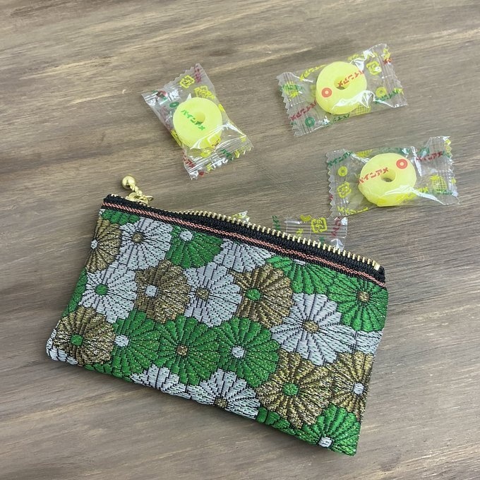 【菊花】畳縁 ぺたんこ ミニポーチ カードケース 小銭入れ 数珠入れ 和風 緑 金 銀 デイジー